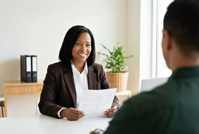 woman, professional, interview, affairs, office, smiling, candidate, document, meeting, desk, diverse, employee, track, hr, manager, business, recruitment, applicant, african american, happy, recruit, employer, ai generated. Social Media Screening in Hiring: What US Employers Must Document