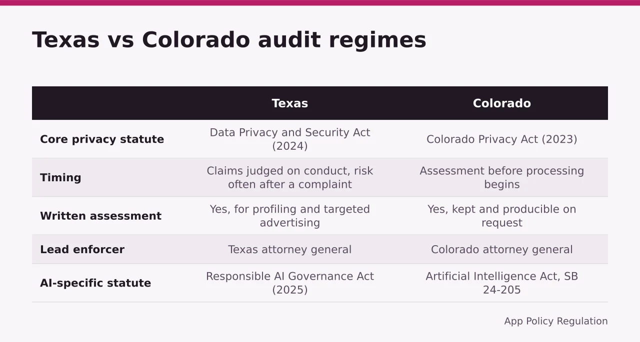 Comparison table of Colorado and Texas algorithm audit regimes across five criteria (Do Austin and Denver algorithm audits differ under Texas and Colorado law?)