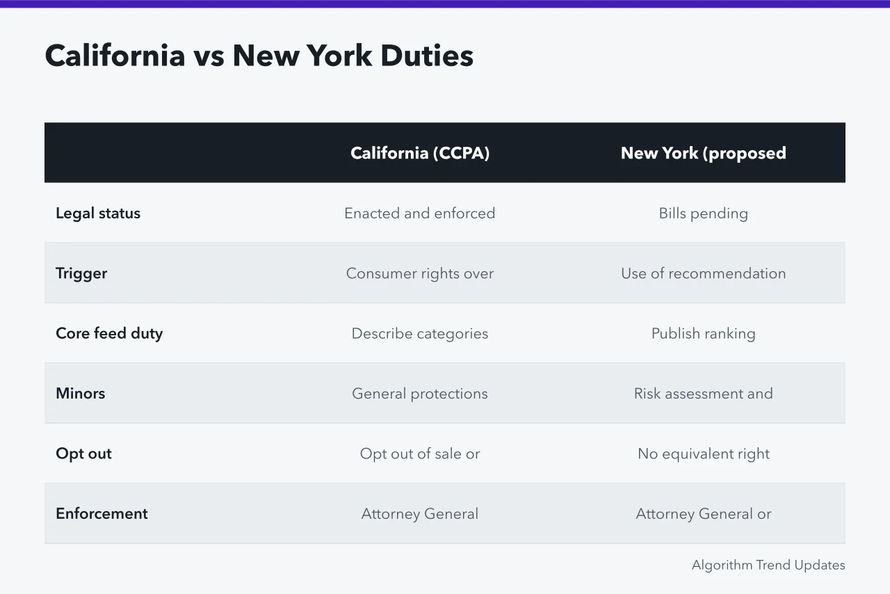 Comparison table of California CCPA and New York proposed algorithm disclosure duties (California and New York privacy laws force social media algorithm disclosures)