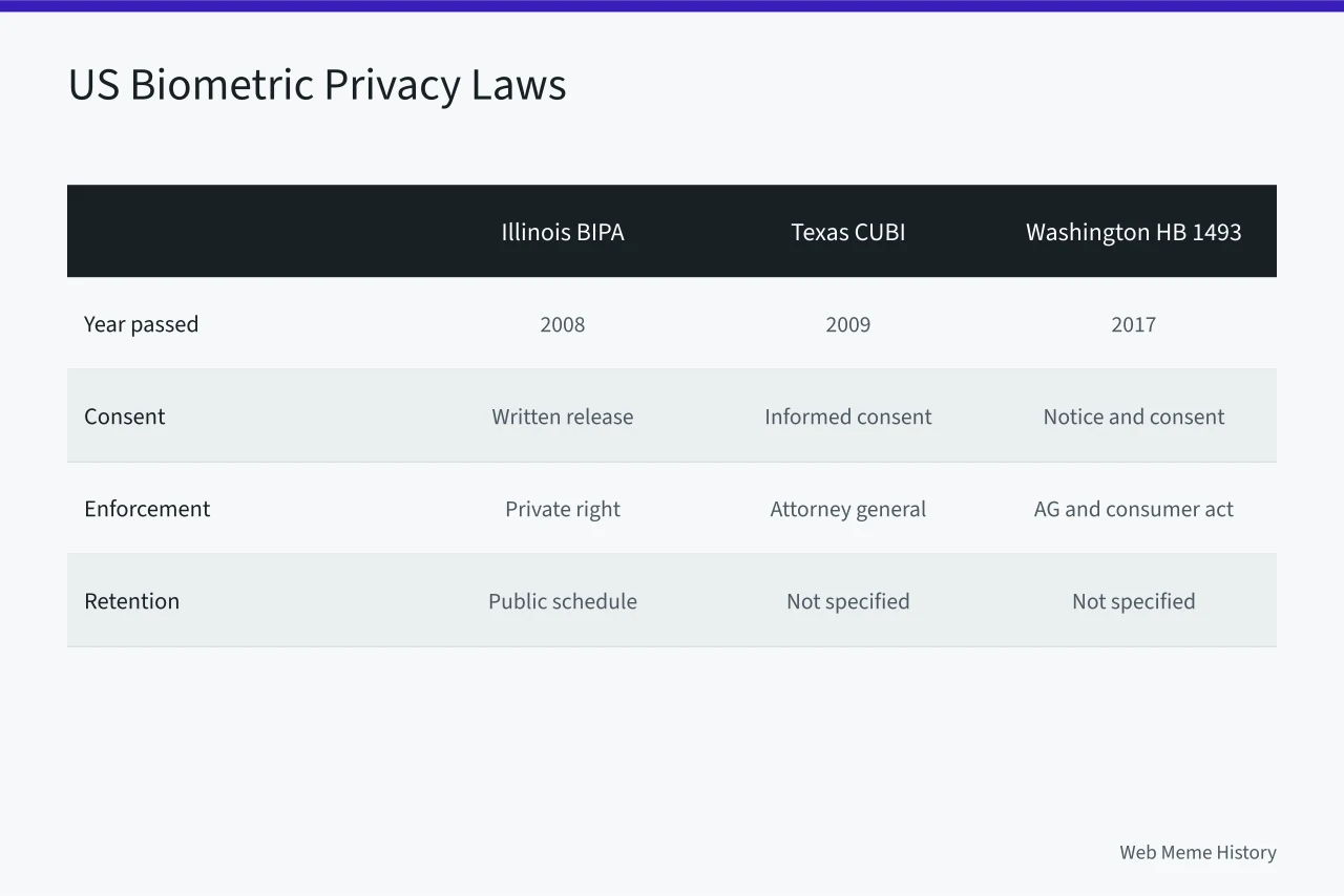 Comparison table of Illinois, Texas, and Washington biometric privacy laws (Illinois BIPA compared with other US state biometric privacy laws)