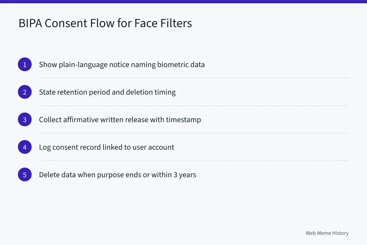 Five-step BIPA consent flow for face filter features (Illinois BIPA compared with other US state biometric privacy laws)