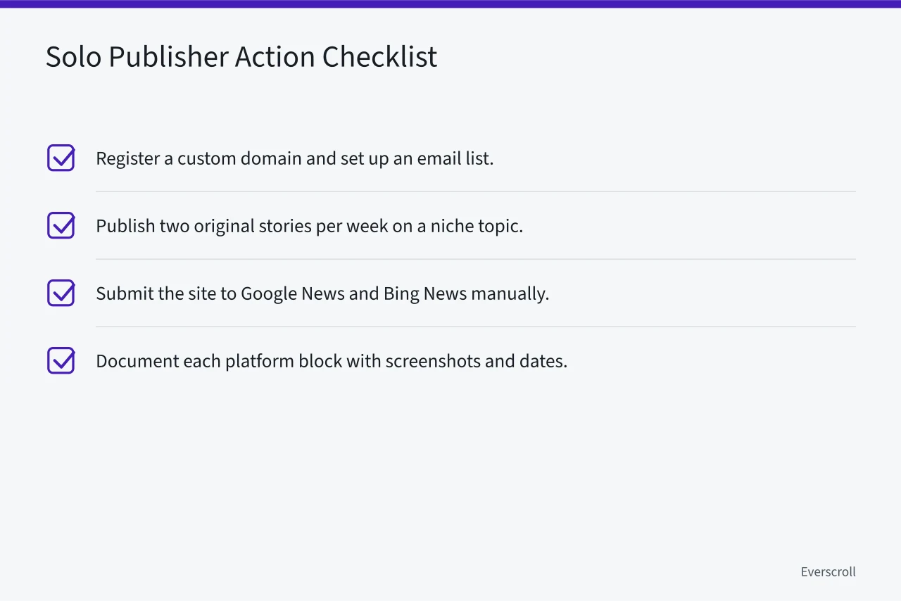 Checklist of four actions a solo publisher can still take (Online News Act vs Platform Deals: What Canadian Publishers Face)
