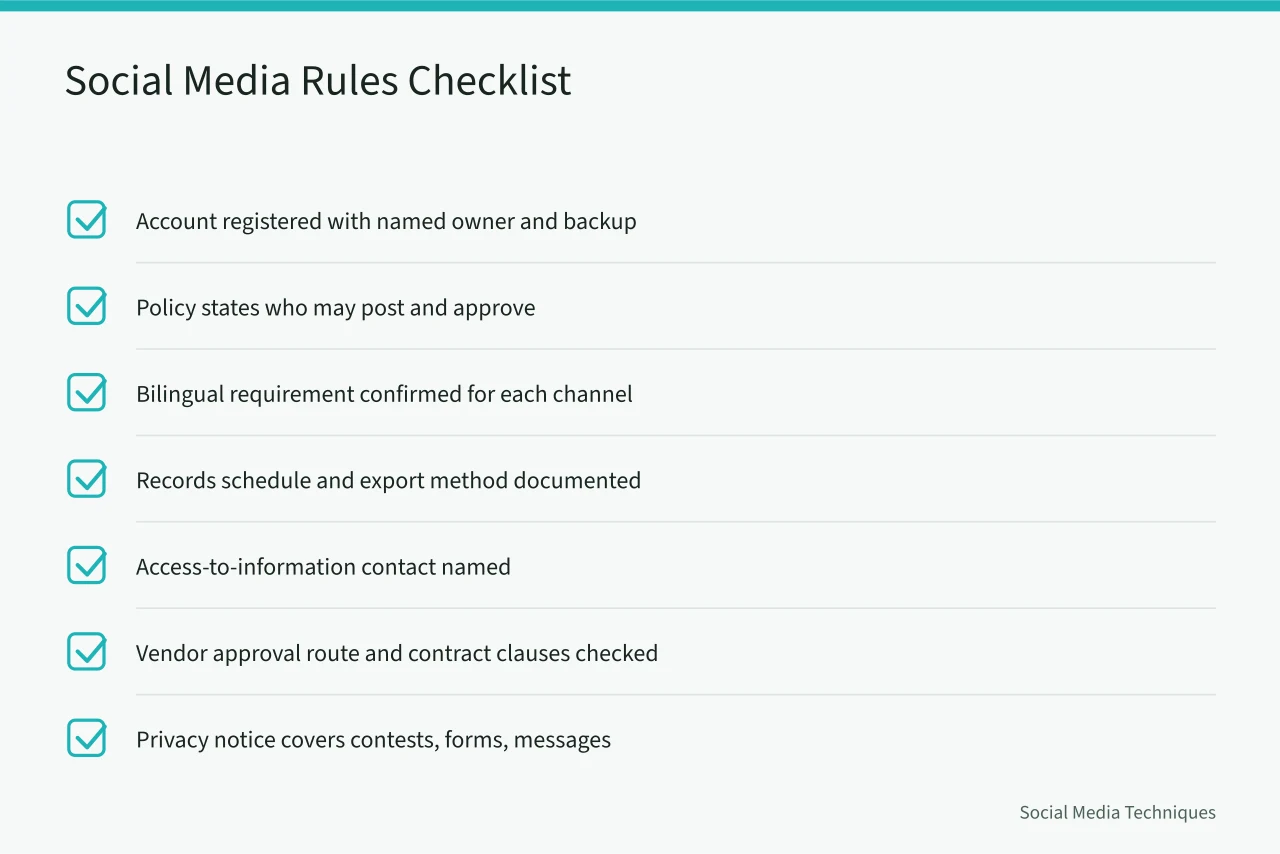 Checklist of eight items for Ottawa and Winnipeg social media rules (Ottawa and Winnipeg public sector social media rules compared)