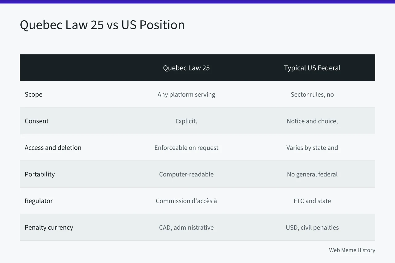 Comparison table of Quebec Law 25 and US federal privacy positions across six criteria (Quebec privacy law vs US platforms compliance compared)