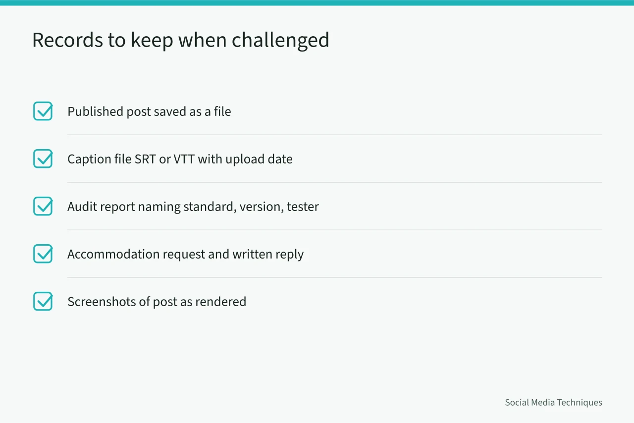 Checklist of records to retain when a social media post is challenged (Social media accessibility requirements differ across US states)